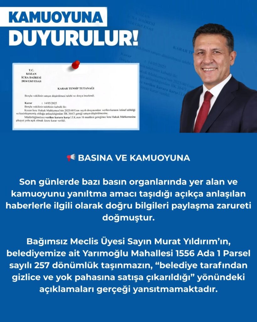 Kozan Belediyesi’nden Satış İddialarına Net Yalanlama